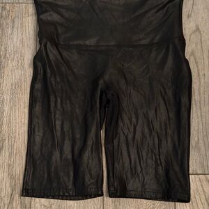 SPANX Black Shiny High-Waist Shorts with Red Logo Tab
